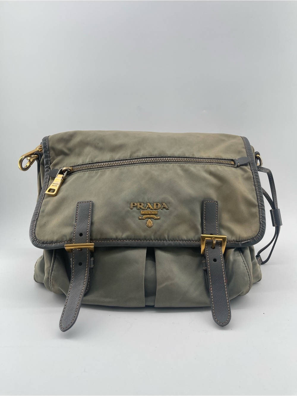 Prada Men's Olive Green Nylon Messenger Bag with Leather Trim